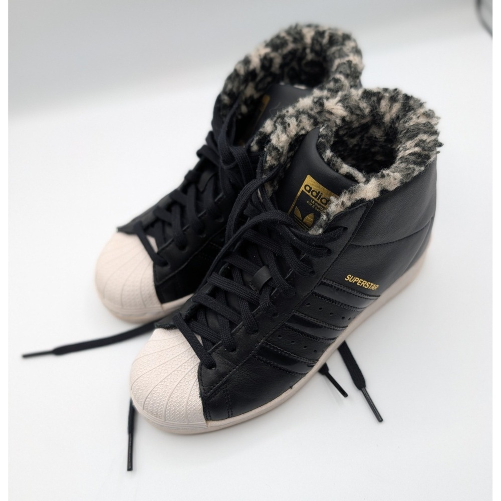 Adidas Superstar Up Wedge Black Leather Leopard Fur High Top Sneakers M20907